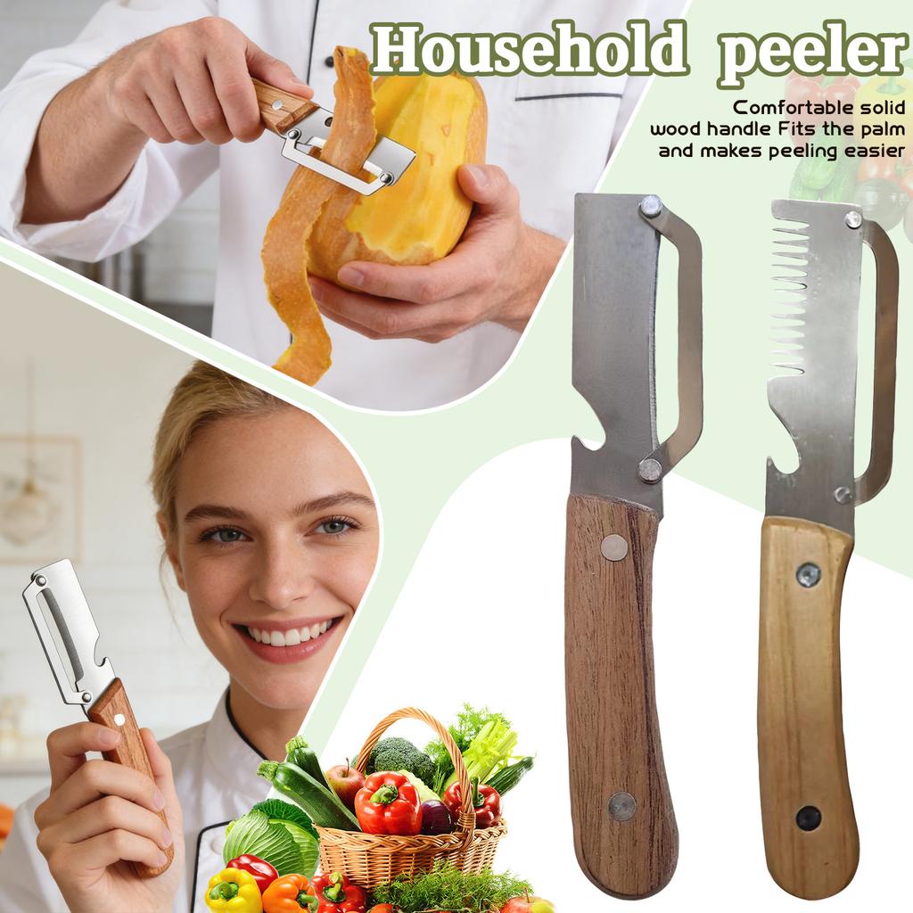 2 Piece Multipurpose Kitchen Peeler Set Stainless with Wooden Handle for and Vegetables Peeling Slicing and Cutting