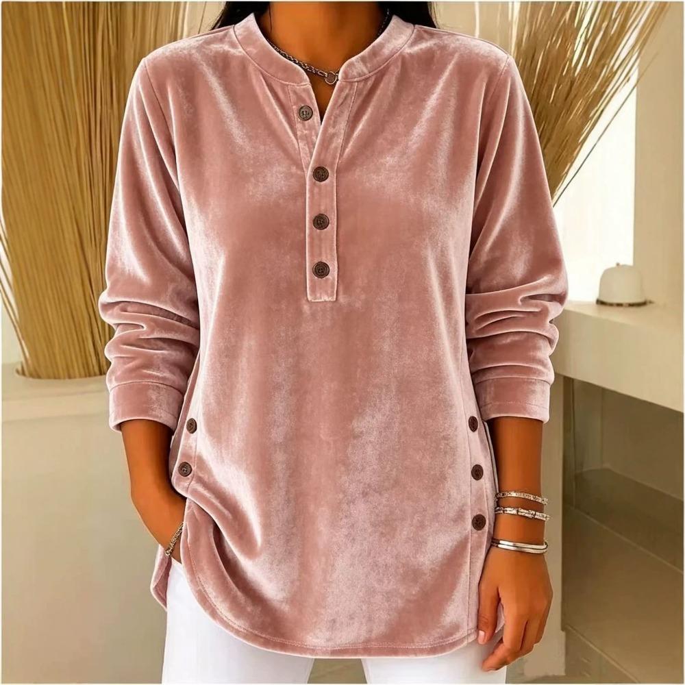 Autumn Winter New Women's Gold Velvet Top Casual Loose V-Neck Button Long Sleeve T-Shirt Velour Tee