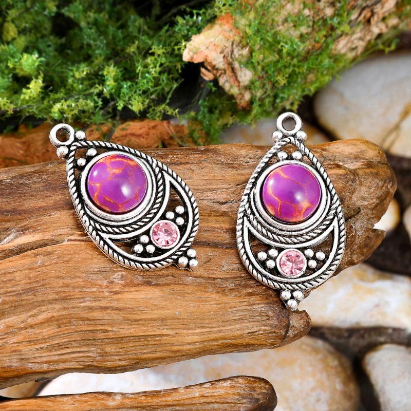 2Pcs Vintage Ethnic Bohemia Stone Setting Pendants For Women Earrings Necklaces Charms For Diy Making Jewelry Accessories