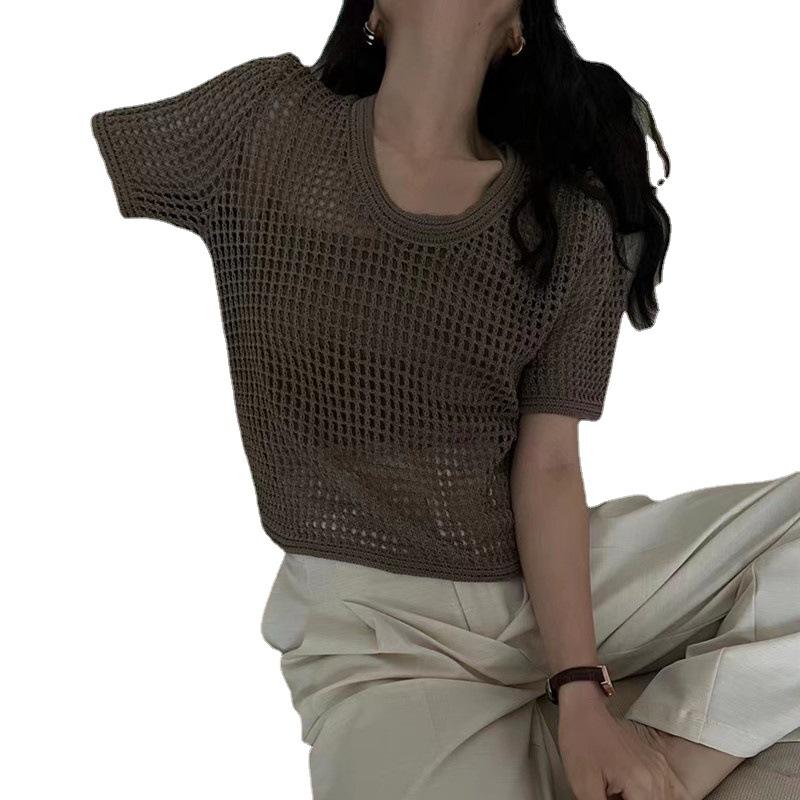 Skeleton Short-sleeved Knit Shirt Women's Summer Thin Design Sense Niche Chic Unique Loose Versatile Blouse Tops Casual Slim Fit Pullovers Tees