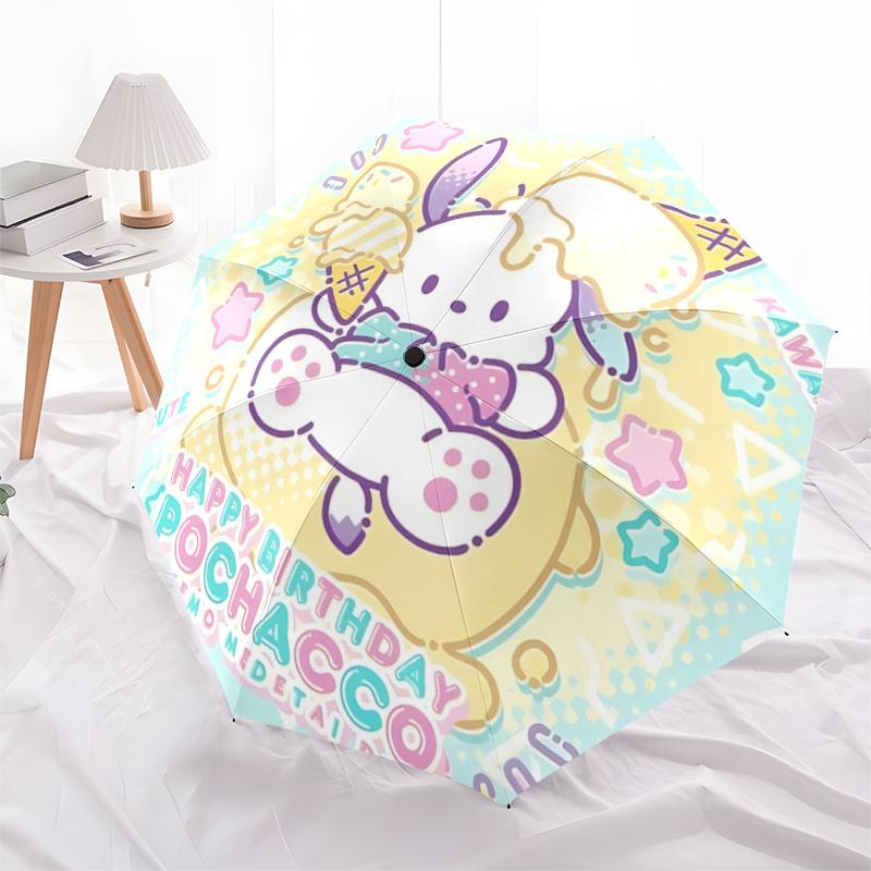 

1pc Pochacco Happy Birthday Edition Automatic Folding Umbrella - Cute Kawaii Design with Ice Cream Cone, Perfect Gift for Fans and Travelers.A040