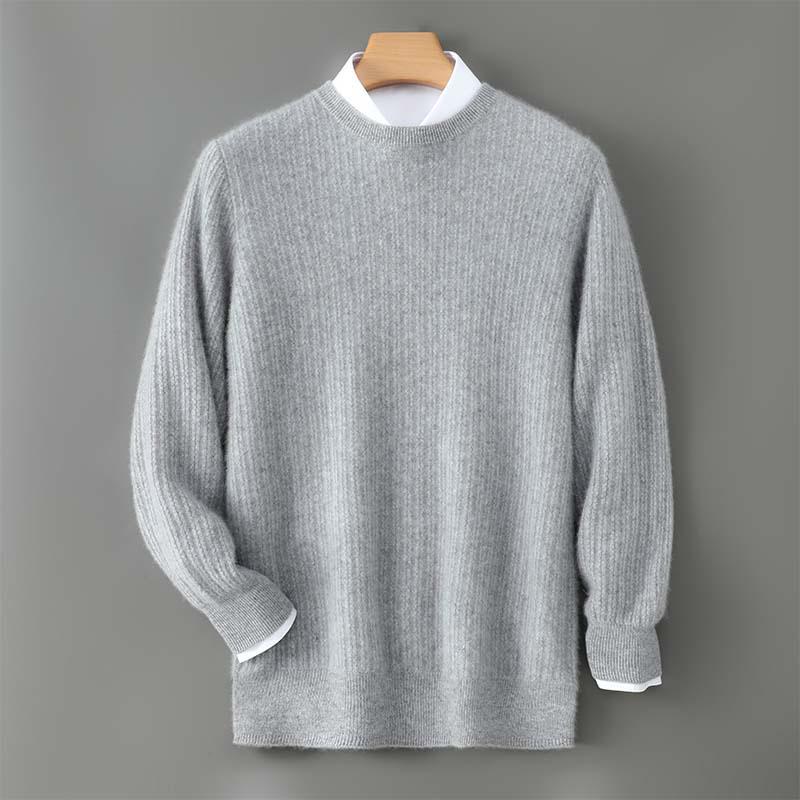 Men's Casual Round Neck Jacquard Wool Sweater - Loose Fit Pullover