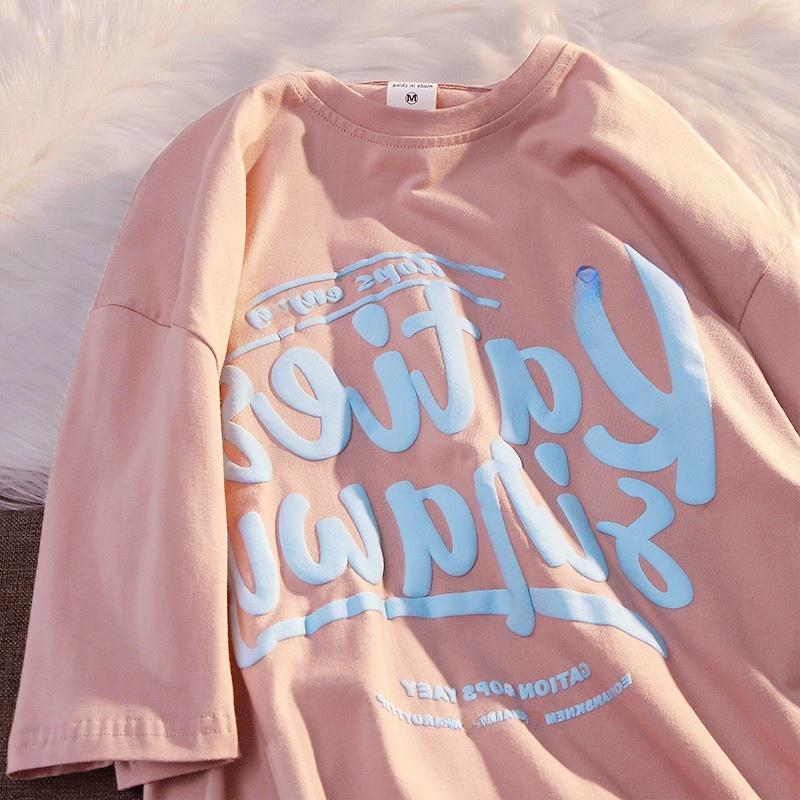 Retro Oversize Ort Sve T-irt K Sle Hong Kong Flavor Street Chic Cotton Round Ne Print Summer Top for Women