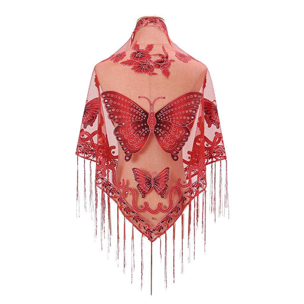 Butterfly Embroidered Shawl Lace Triangle Scarf Formal Shawls And Wrap For Evening Dresses Sheer Shawl With Fringe