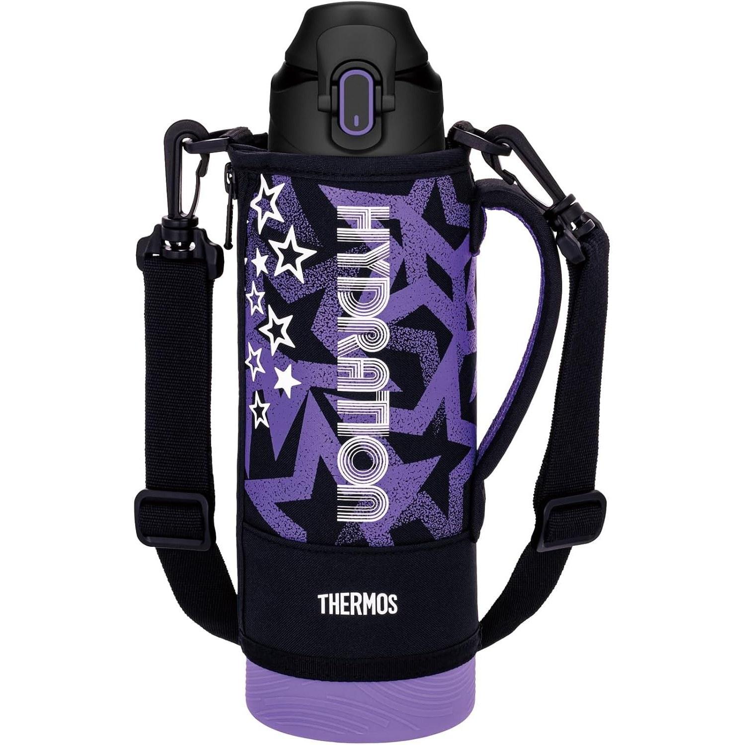 Thermos Water Bottle Vacuum Insulated Sports 1L Black Purple Cold Retention Only Kids Pouch Shoulder-Friendly Strap FJS-1000F BKPL
