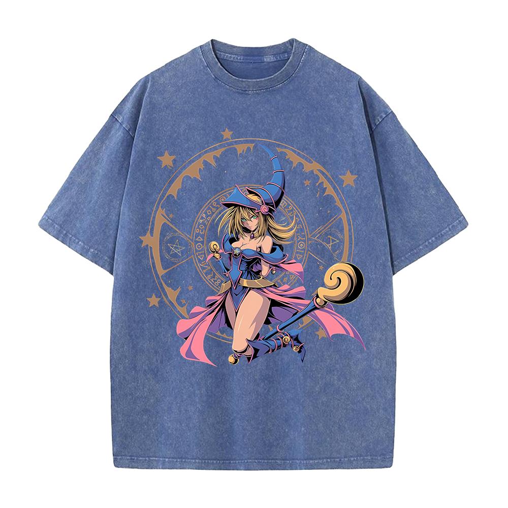 Harajuku Anime YuGiOh Tshirt Summer Short Sleeve Tee Shirt Dark Magician Girl Vintage Washed Cotton Tops Men Women Clothing