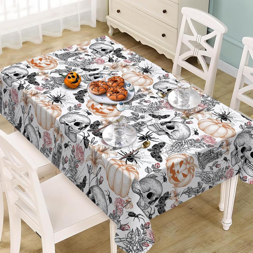 Halloween Skull Pumpkin Skeleton Rectangle Tablecloth for Table Decor Reusable Kitchen Dining Table Cloth Halloween Decorations