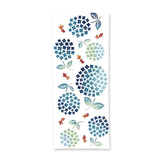 Miyamoto Towel Tenugui Hydrangea Goldfish (Hydrangea Goldfish) - Japanese Traditional Hand Towel, White, Approx. 35x90cm