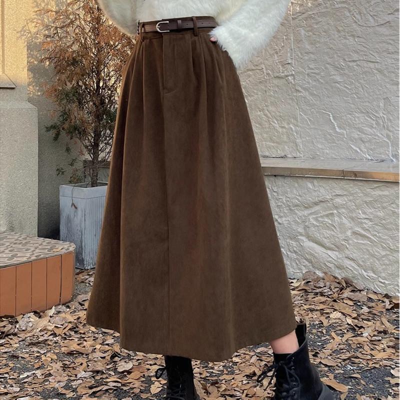 Woolen-blend midi skirt, high waist trendy silhouette, flared A-line style, modest coverage for full length, 2024 Korean fashion.