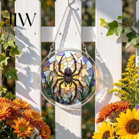 Halloween Party Hanging Props Acrylic Puzzle Window Suncatcher, Stained Glass Style Ornament Classroom Festive Wall Sign with Metal Chain, Decorative