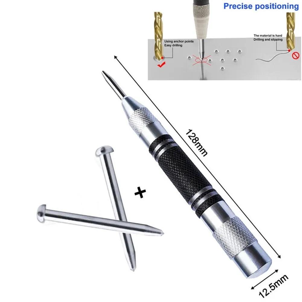 Automatic Center Punch With 2 Pcs Spare Punch Black Silver Dot Punch Spring Loaded Tool Adjustable Woodworking