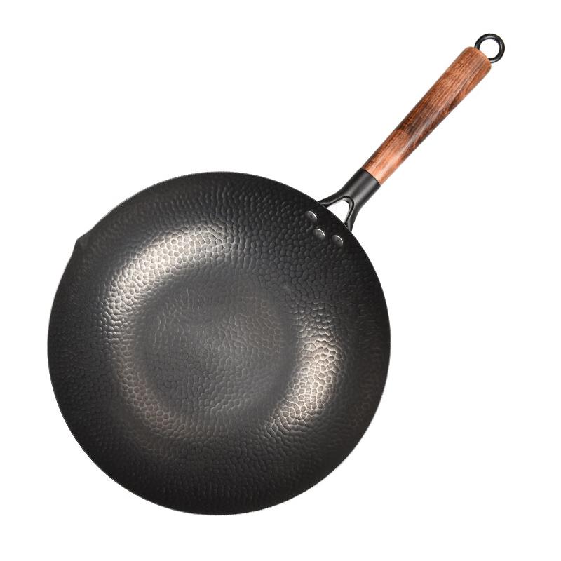 Yetele Hand-Forged 32cm Non-Coated Iron Wok with Wooden Lid