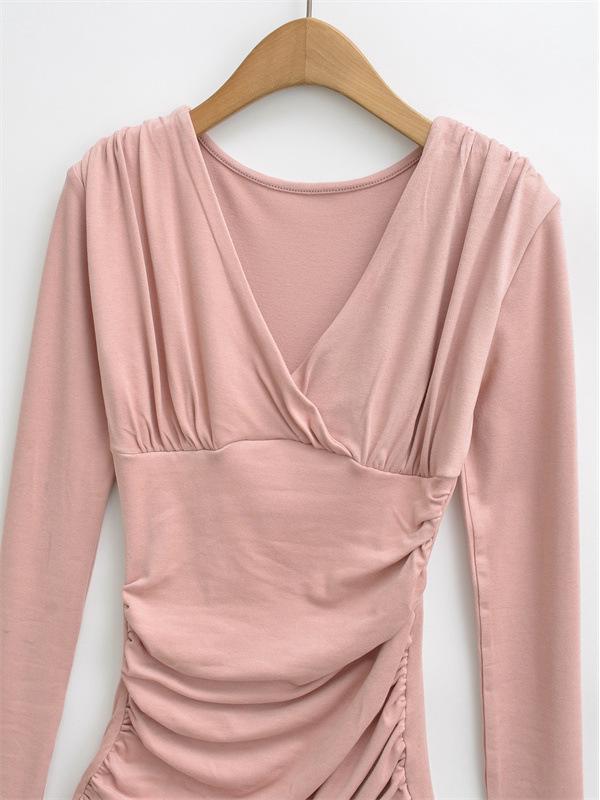 Sexy Deep V-Neck Pleated Slimming Mini Dress for Women - Autumn and Winter Base Layer