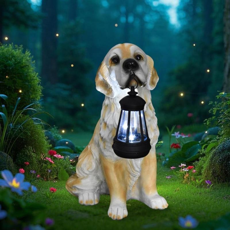 Garden Decoration Dog Statues Outdoor Golden Dog Puppy Statue with Solar Outdoor Figurine Light for Garden Patio