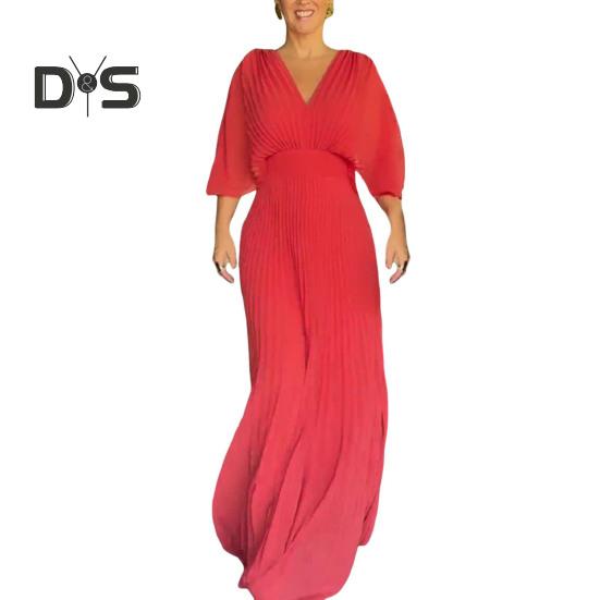 

Женское вечернее платье с рукавами «летучая мышь» и плиссировкой, V-образным вырезом, однотонное, с высокой талией, полной длины, для выпускного вечера, макси-платье L красный