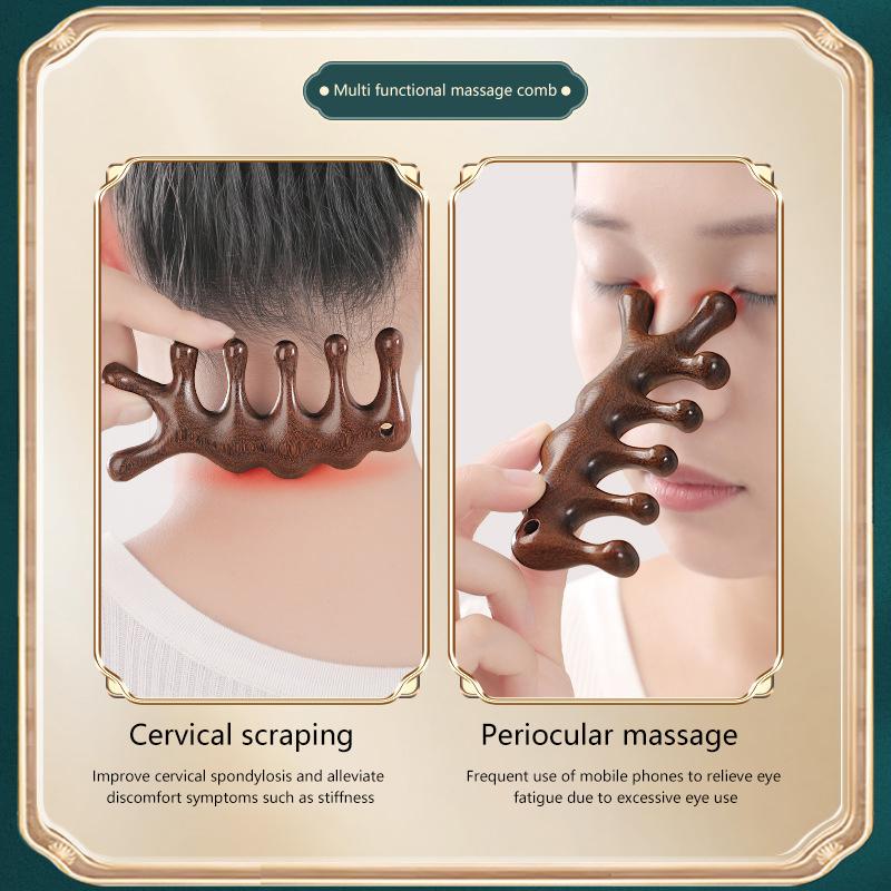 Five Teeth Sandalwood Massage Comb Head Face Nose Eye Shoulder Neck Scraping Comb Anti-Static Anti-Hair Loss Meridian Massage