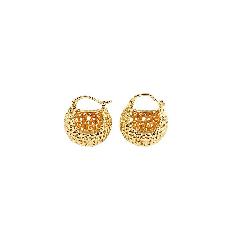 French light luxury metal hollow ball earrings cold wind temperament plain woven basket ear buckle design earrings