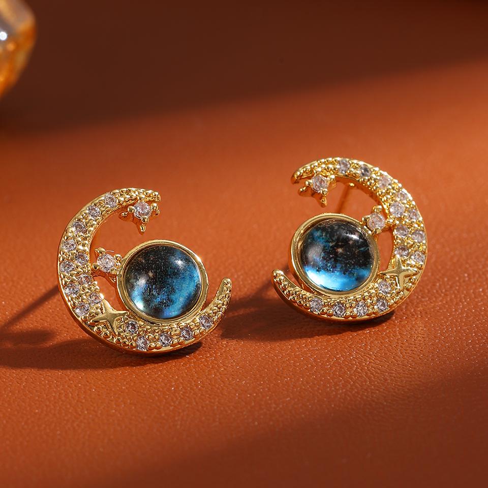 ZAKOL New Blue Planet Moon Astronaut Cubic Zirconia Stud Earrings for Women Fashion Party Zircon Ear Accessories Gift