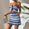 Nuova Felpa da Donna Abito da Spiaggia Spice Allacciato a Righe Halter Sexy con Dettagli Cut-Out