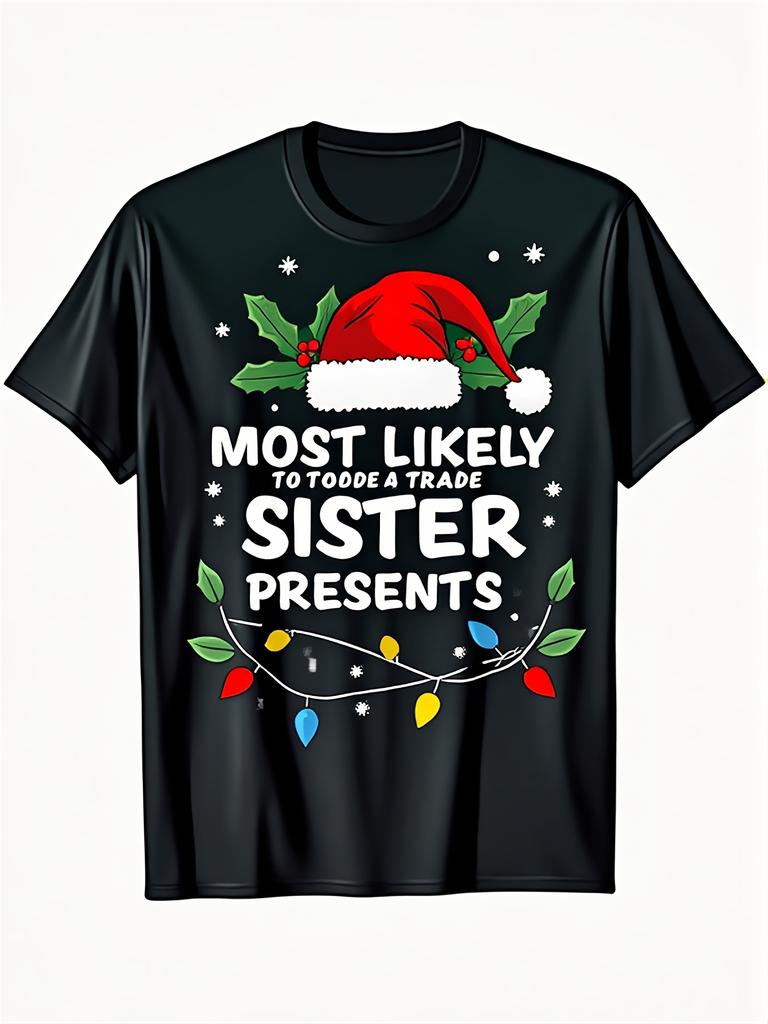 Unisex T-shirt Humorous holiday short-sleeved T-shirt featuring the playful phrase most likely to swap sisters for