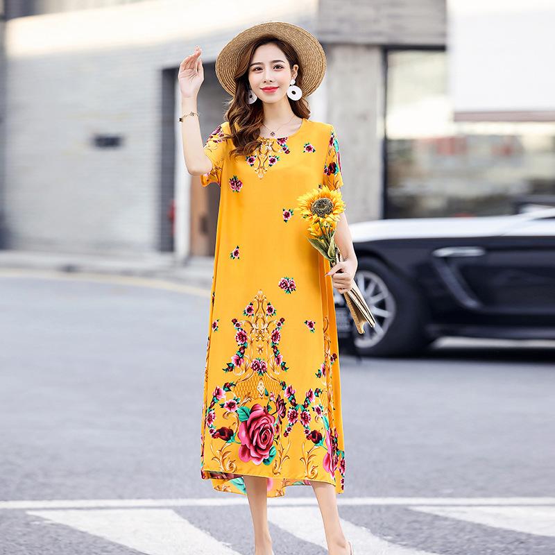 Women's Half Sleeve Print A-Line Dress Crew Neck Loose Waist Casual Summer Midi Rayon Dress For Middle-Aged Mothers Multiple Colors Optional