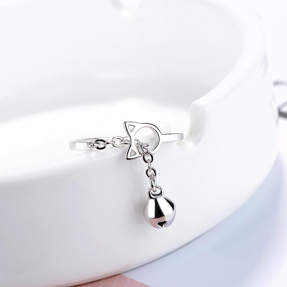 925 Silver New Cute Simple Fashion Cat Head Chain Dangler Bell Ring Unique Opening Adjustable Statement Jewelry For Women