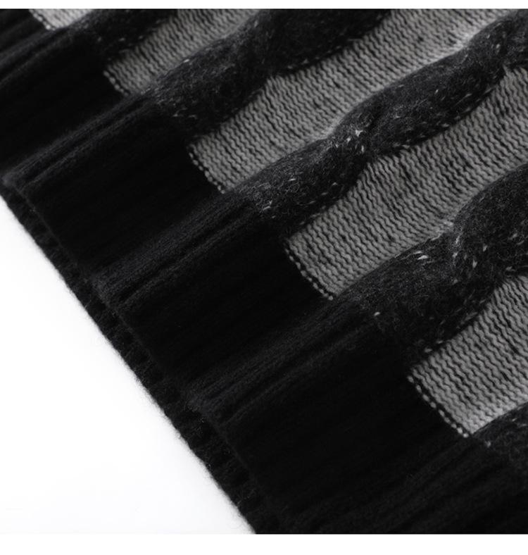 Heavyweight Contrast Color Cable Knit Cashmere Sweater - Autumn/Winter, Long Sleeve, Textured, Thick, Fashionable, Loose Fit Knitwear.