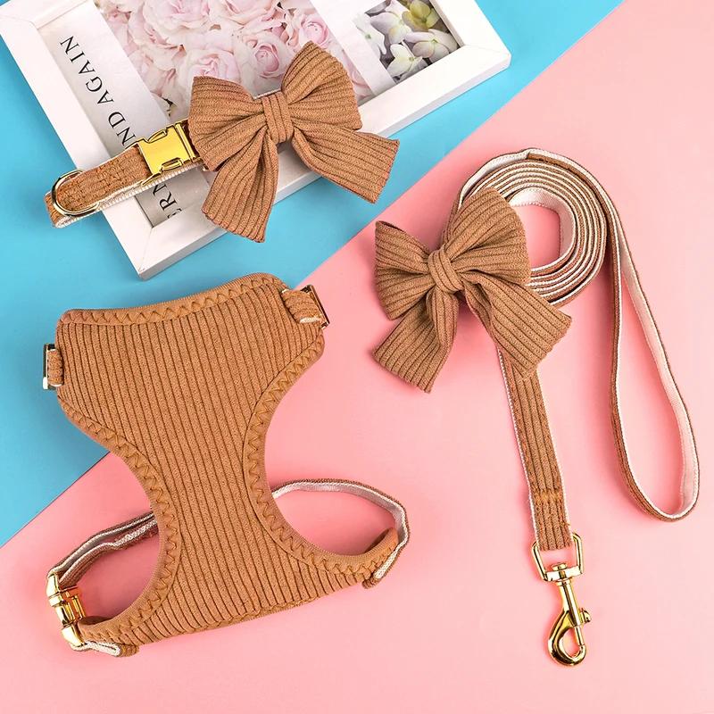 Cute Bowknot Dog Harness Leash Set Adjustable Breathable Fashion Printed Pet Vest for Small Medium Dogs Cats Outdoor Walking