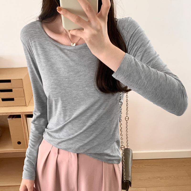 

Базовая рубашка с круглым вырезом для женщин, осень, новая облегающая футболка с длинными рукавами, однотонный универсальный топ XL