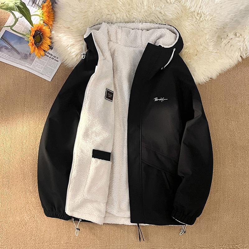 Lamb Velvet Hooded Jacket Men's Autumn Winter Thickened Double-sided Wear Loose Comfortable Casual Jacket Trendy