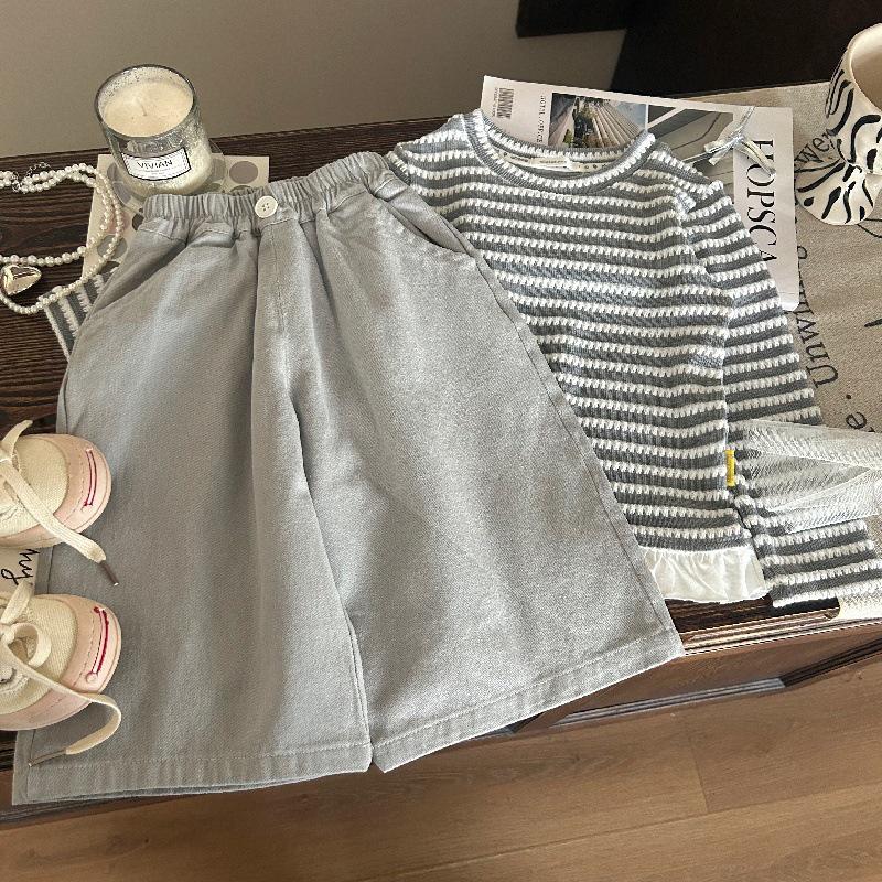 Korean Style 2025 Spring Girls' Striped Shirt & Blue Wide-Leg Pants Set