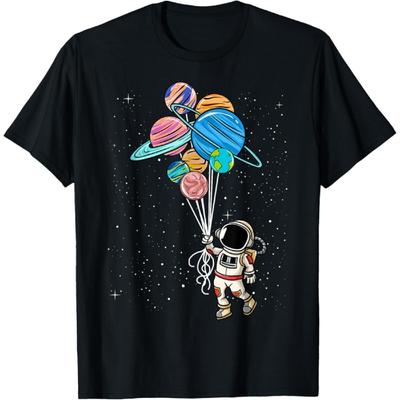 Kosmonauta Trzymający Balony Planety Koszulka ChłopcyDziewczynki STEM Dzieci Koszulka