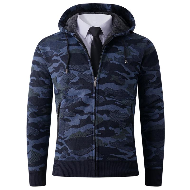 Pánský sametový pletený svetr maskáčový potisk bunda s kapucí zapínání na zip top