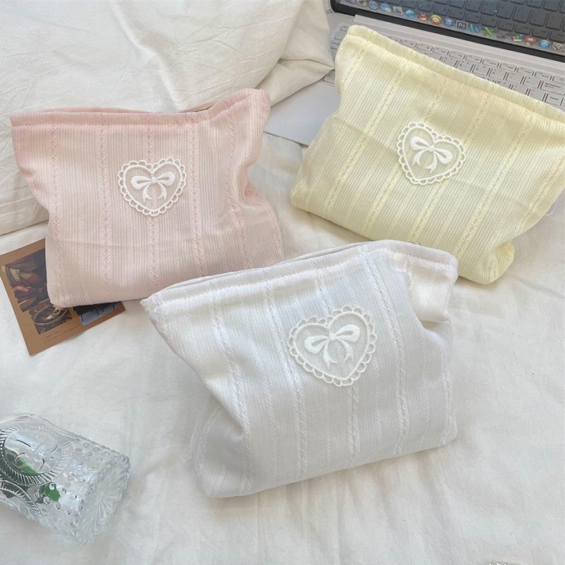 Beautiful And Simplicity Cosmetic Bag Sweet Embroidery Bow Striped Makeup Case Portable Travel Earphone Cable Storage Bags