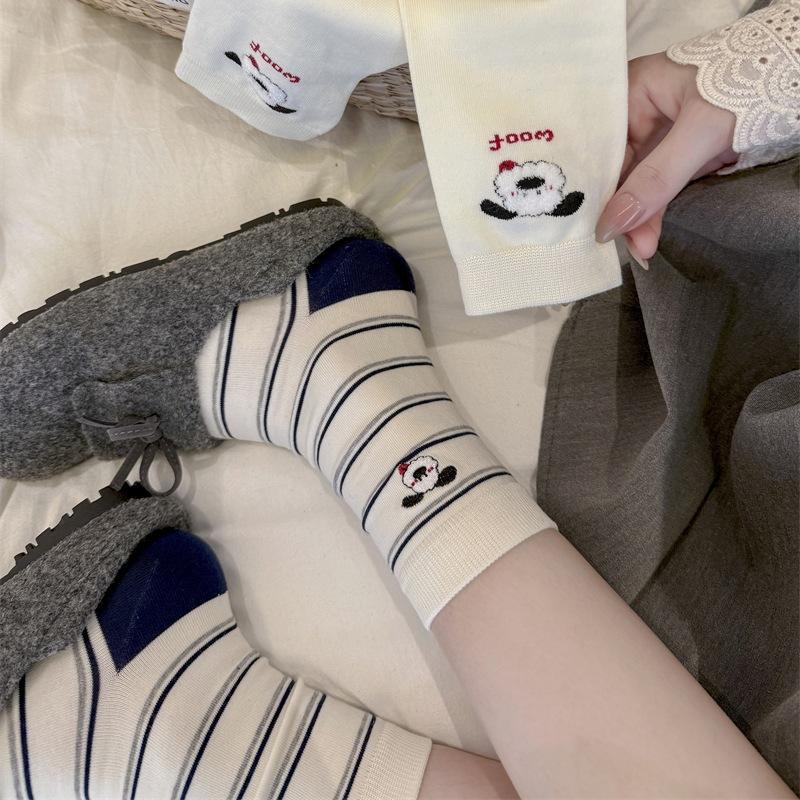 Boneless and Cute Style Flocked Embroidered Puppy Mid-calf Socks, Double Flared Striped Fabric Label Socks, Pure Cotton for Women