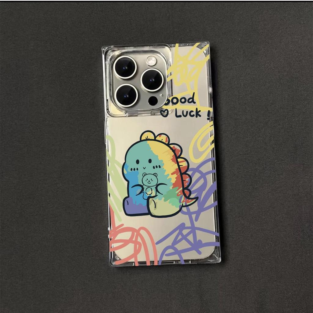 Transparent Square Back Tube Case Casing Protection For iPhone 12 13 11 15 Plus 16 ProMax 14 Pro Max Anti-Oxygen,Crayon Dinosaur Pattern