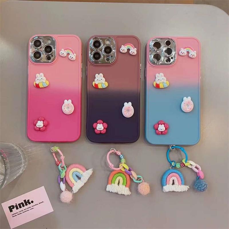 Fashion Cute Gradient 3D Rainbow Pendant Phone Case For iPhone 14 13 12 11 Pro Max X XS XR XS Max 8 7 Plus Soft Silicone Shockproof Cover