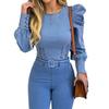 Damen Bluse Puffärmel Einfarbig Frühling Herbst Sexy Langärmlig Imitat Denim