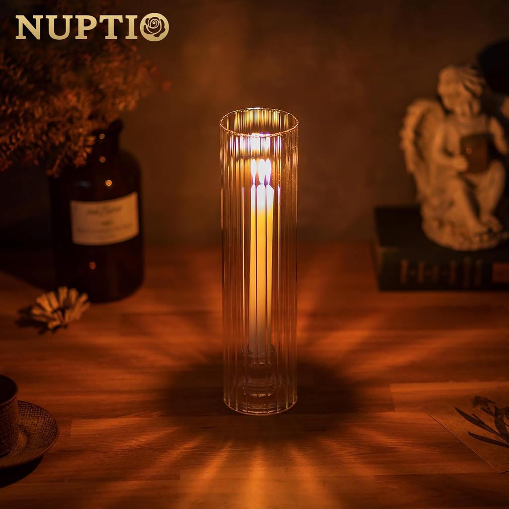 NUPTIO Taper Candle Holders for Centerpiece: Ribbed Hurricane Glass Candlestick Holder - Set of 6 Windproof Fluted Candle Stick Stand for Fall