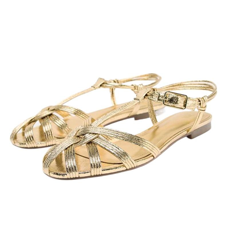 Fashion Luxury Gold Flat Sandals Women Summer Hollow Design Gladiator Sandals Comfortable Ankle Strap Casual Beach Shoes Mules Sandalias