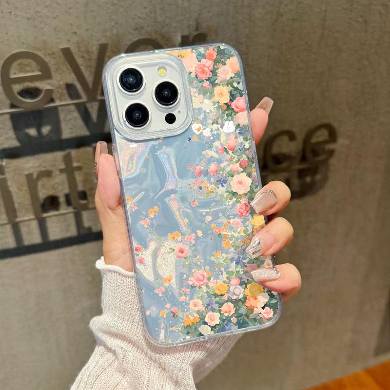 Luxury Floral Print Glitter Slim Case For iPhone 16 15 Pro Max 14 Pro 13 12 11 Glossy Shockproof Hybrid TPU PC Clear Phone Cover