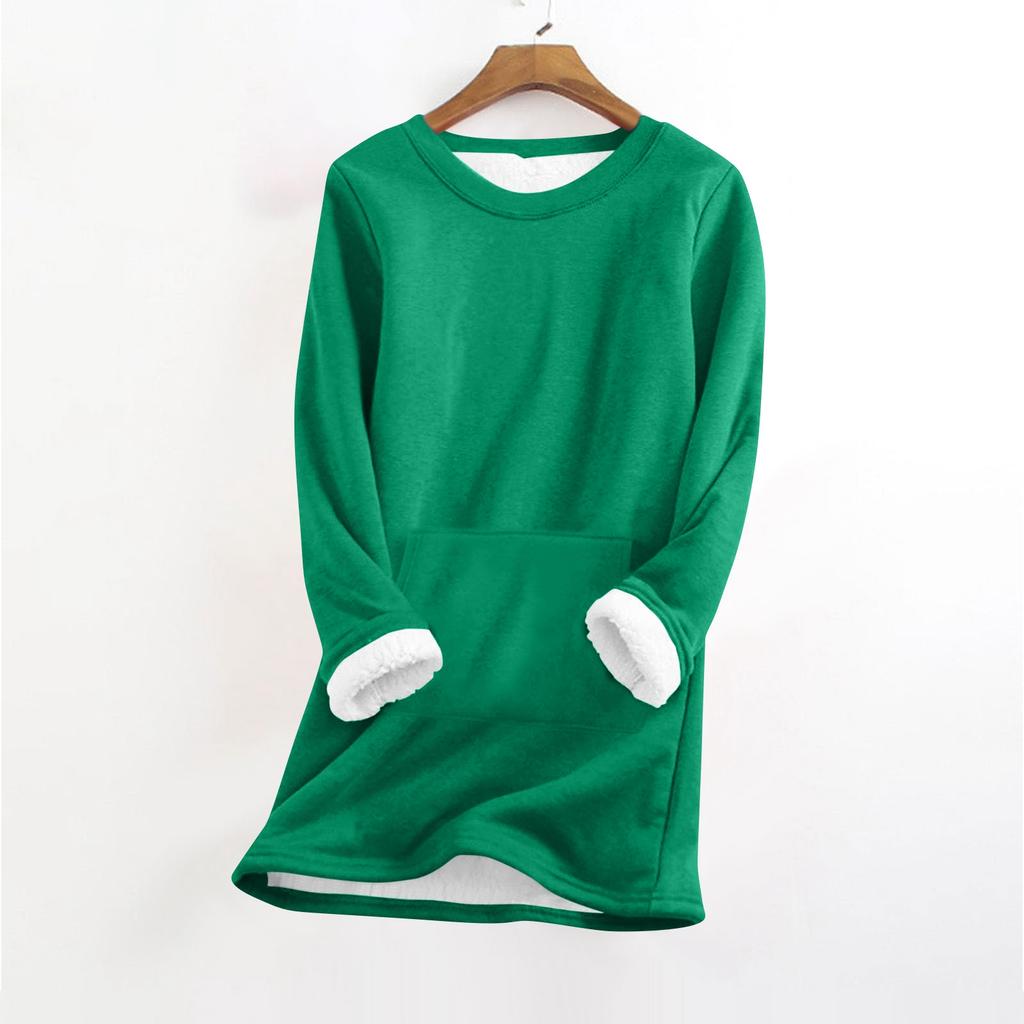 Women's Fashionable Solid Color Round Neck Long Sleeved Plush Warm Pullover Top
