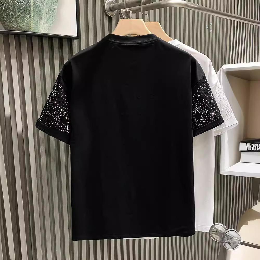 Summer Men's Rhinestone Rivet T-shirt for Men Clothing Round Neck Casual T-shirt High Street Men's Short Sleeves