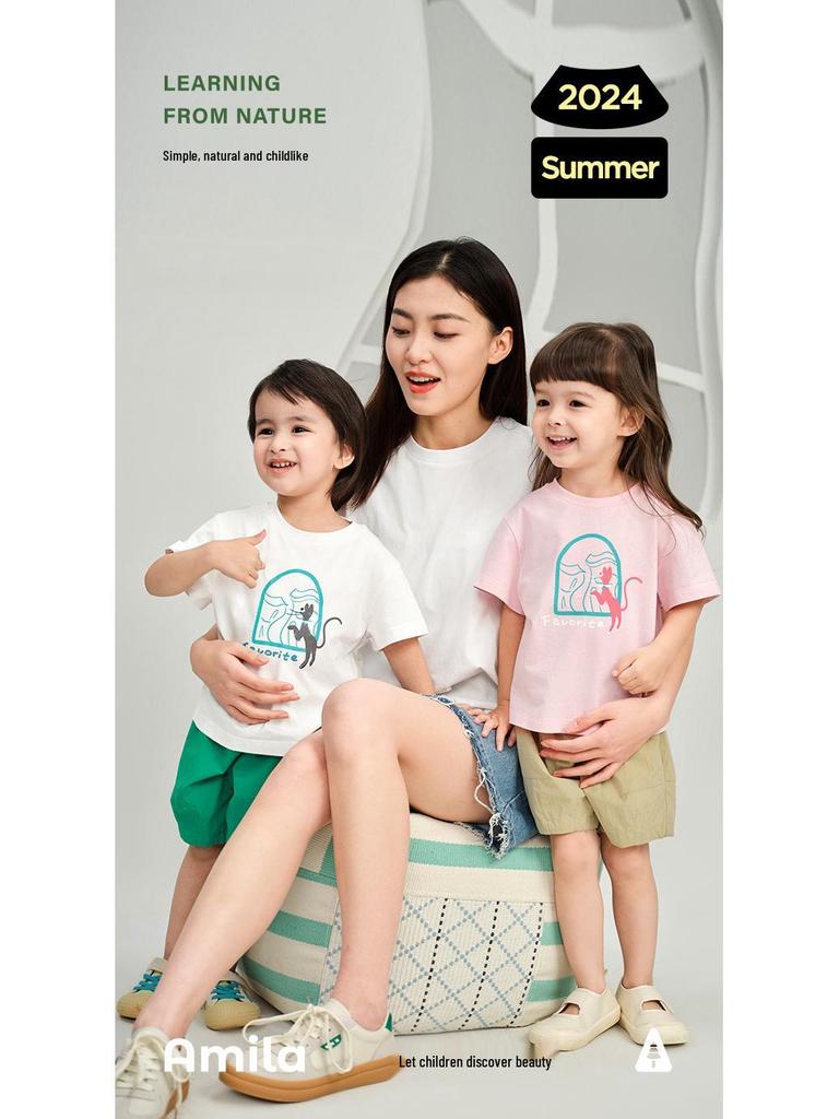 Tongbei Kids' 2024 Summer Korean Style Family T-Shirt - Simple Solid Color for Parent-Child Outfits