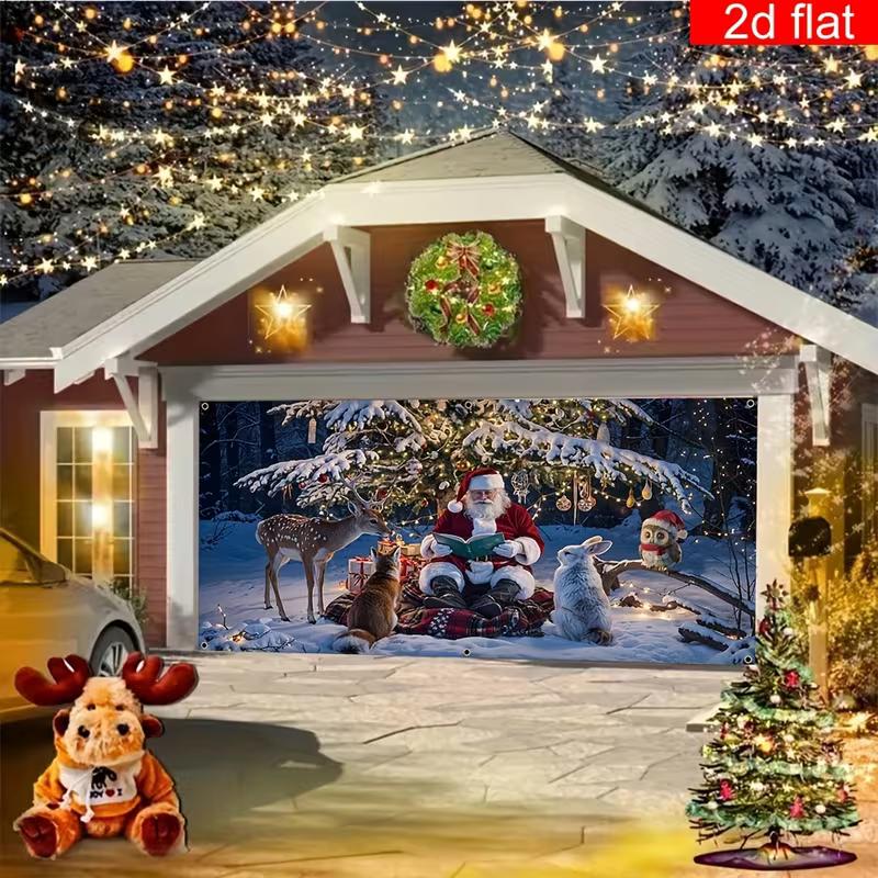 2D Flat Christmas Garage Door Cloth, Santa Reading To Cute Animals In Snowy Forest Scene Backdrop