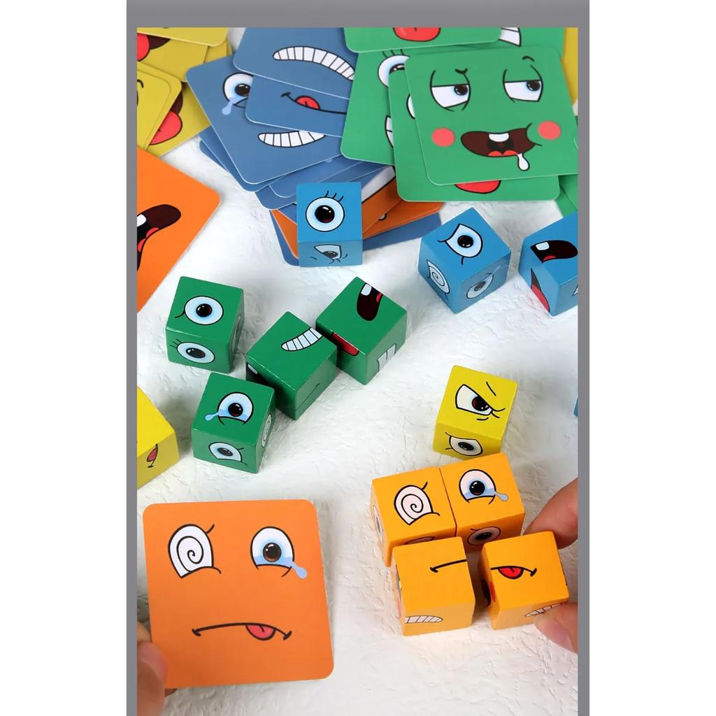 Face Changing Cube Board Card Game Building Blocks Cartoon Wooden Puzzle Montessori Anxiety Stress Relief Toys for Children Kids