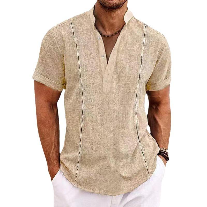 Cotton and linen cross-border men's long-sleeved shirt solid color lapel casual style shirt