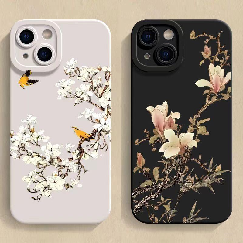 Flower and Bird Chinese Style TPU Soft Phone Case for iPhone 14 Pro Max 13 Mini 12 12Pro 11 XR X XS Max 15