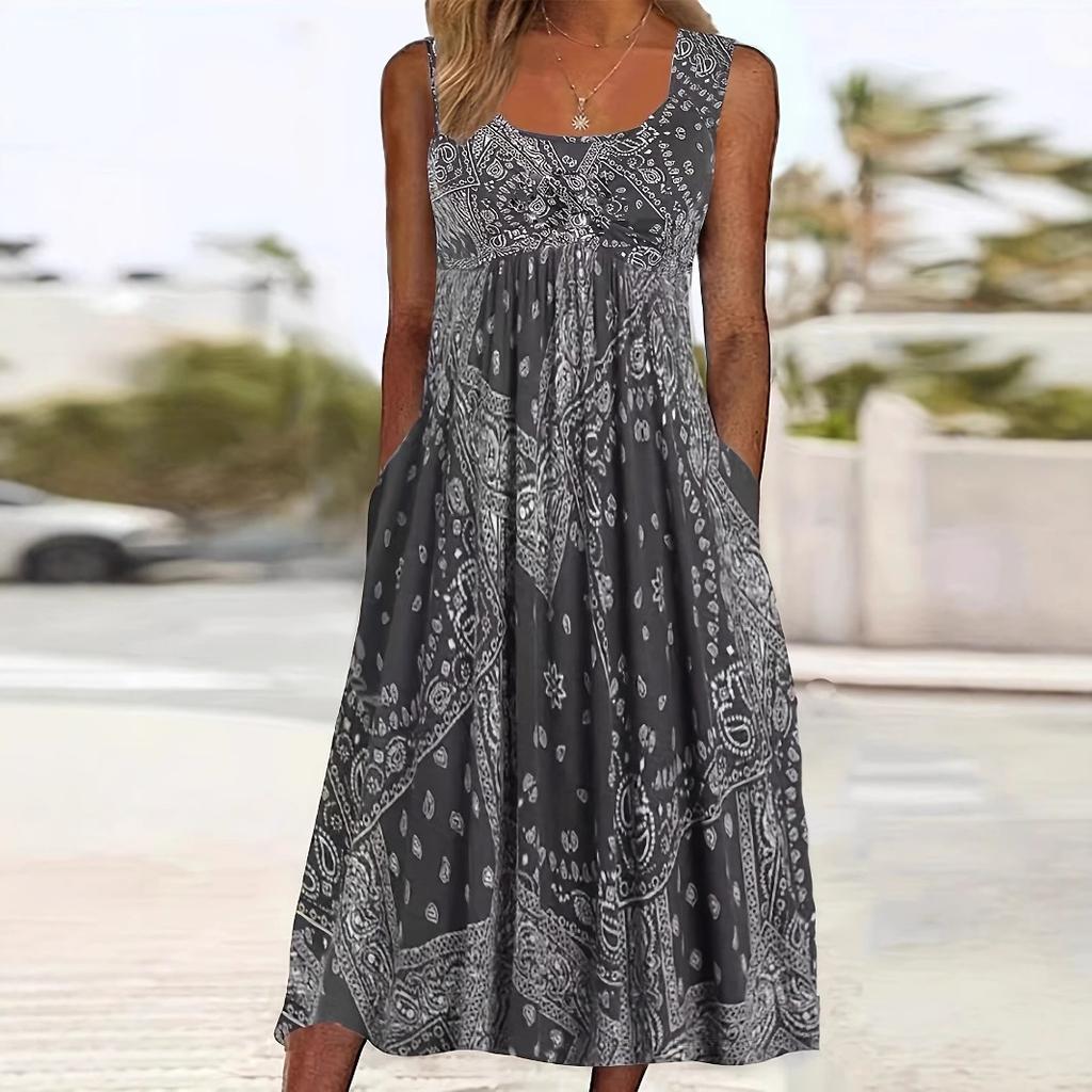 Summer Retro Vest Dress, Loose Vacation Style, Round-neck Printed Sleeveless Dress