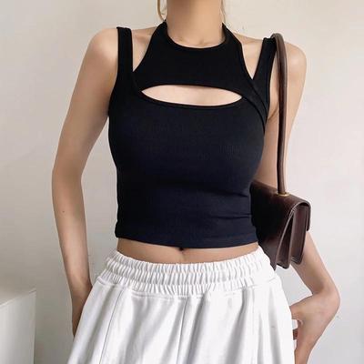 Haut court asymétrique Y2K E-girl Haut corset tricoté ajouré sans manches Col rond Mini gilet basique décontracté sportif été